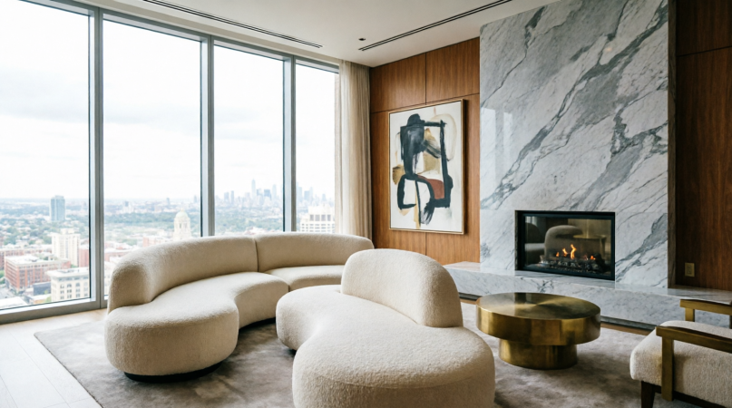 Living room with layered art and marble coffee table, video thumbnail